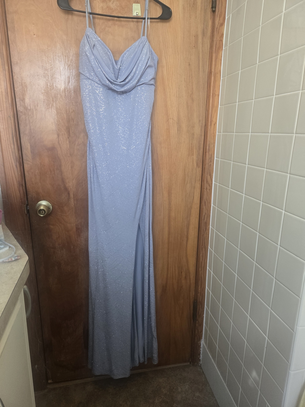 Emerald Sundae Light Blue Sparkle Cowl Neck Maxi Gown